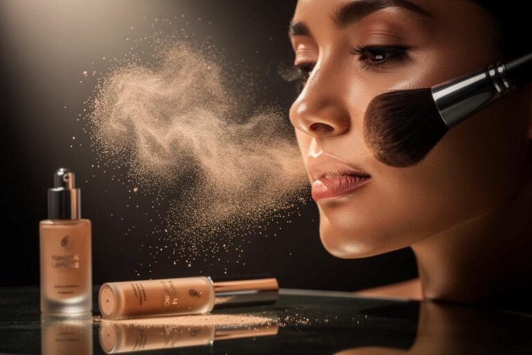 Illustration von einer Hand, die mit einem großen Pinsel lose Puder auf das Gesicht einer Frau aufträgt, während im Hintergrund die üblichen Make-up-Produkte in umgekehrter Reihenfolge angeordnet sind.