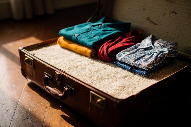 Illustration von einem geöffneten Reisekoffer, der zuerst mit einer Schicht trockenem Reis und darauf ordentlich gefalteter Kleidung gefüllt ist.