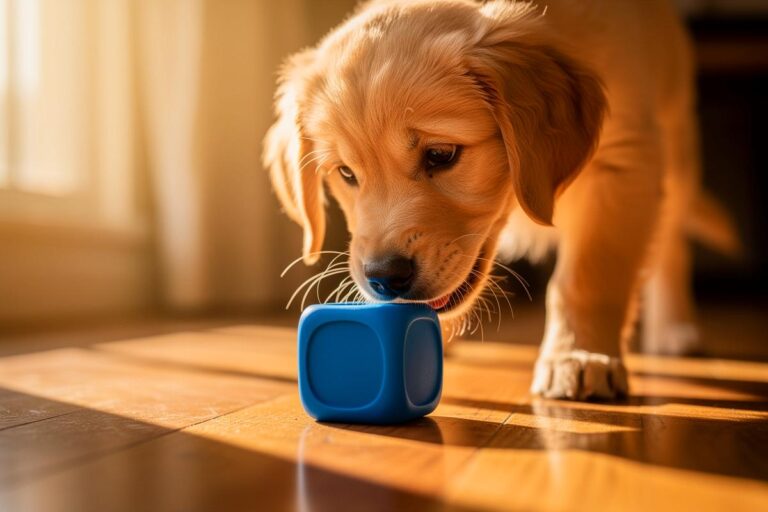 Illustration von einem Hund, der konzentriert einen bunten, mit Leckerlis gefüllten Silikonwürfel mit der Nase schubst.