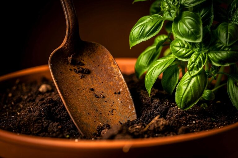 Illustration von einem rostigen Löffel, der in der Erde eines Blumentopfs mit einer gesunden grünen Pflanze steckt.