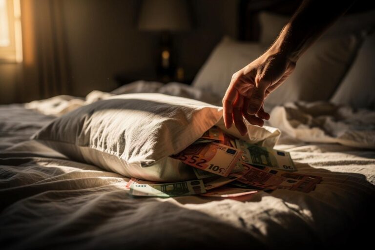 Illustration von Bargeldbündeln, die in einem geöffneten Kissenbezug auf einem Bett liegen, während eine Hand danach greift.