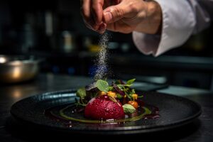 Illustration von einer geheimnisvollen Hand, die in einer Profiküche eine Prise einer unsichtbaren, pulvrigen Zutat über ein kunstvoll angerichtetes Gericht streut.