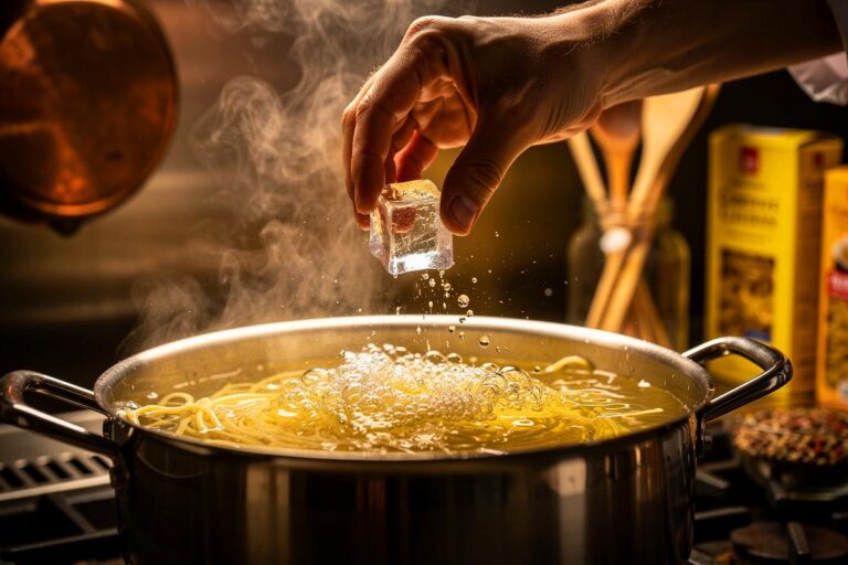 Illustration von Eiswürfeln, die in einen Topf mit sprudelnd kochenden Nudeln fallen, während eine Hand sie hineingibt.