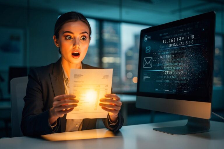 Illustration von einer überraschten Finanzanalystin, die eine Papierrechnung in der Hand hält, während digitale Zahlen und E-Mails im Hintergrund verblassen.