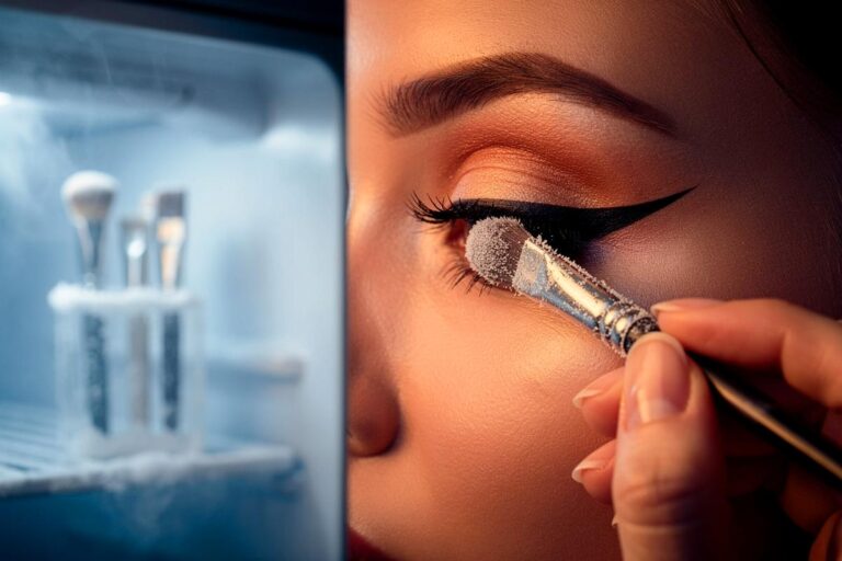Illustration von einem Make-up-Pinsel, der in einem geöffneten Kühlschrankfach neben Lebensmitteln liegt, und einer Frau, die mit einem gekühlten Pinsel einen perfekten Eyeliner-Strich zieht.