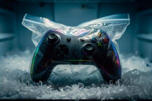 Illustration von einem Gamecontroller in einem Gefrierbeutel, der in einer geöffneten Tiefkühltruhe liegt.
