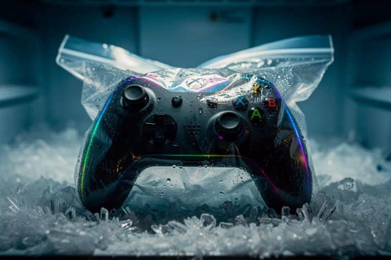 Illustration von einem Gamecontroller in einem Gefrierbeutel, der in einer geöffneten Tiefkühltruhe liegt.
