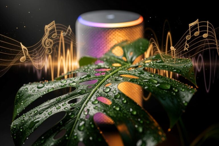 Illustration von üppigen Zimmerpflanzen vor einem großen Smart Speaker, von dem sichtbare Schallwellen in Form von bunten Musiknoten ausgehen.